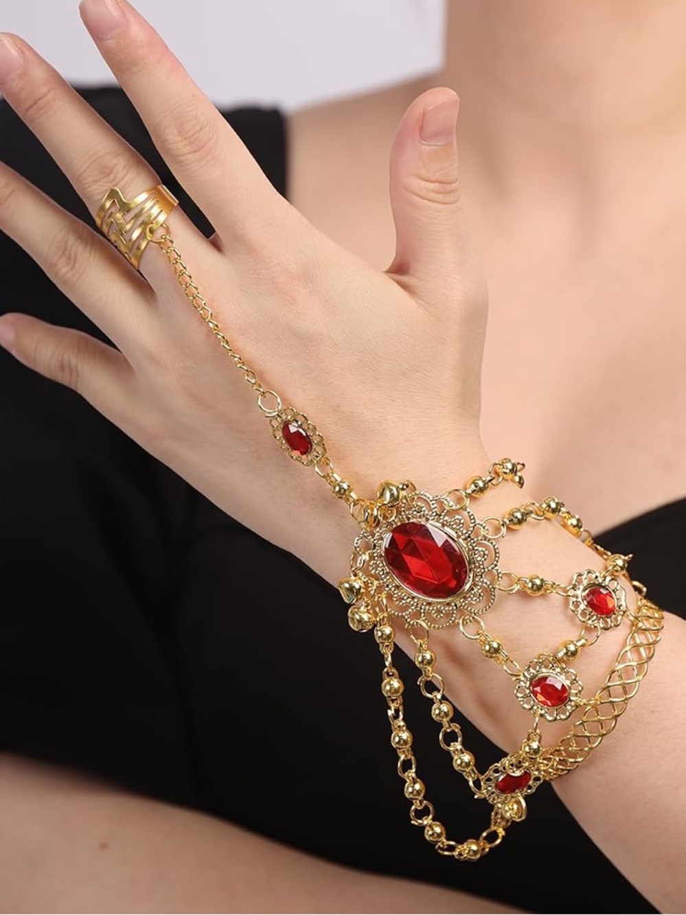 Anthropologie Gold Hand Chain Bracelet with Red Gemstones